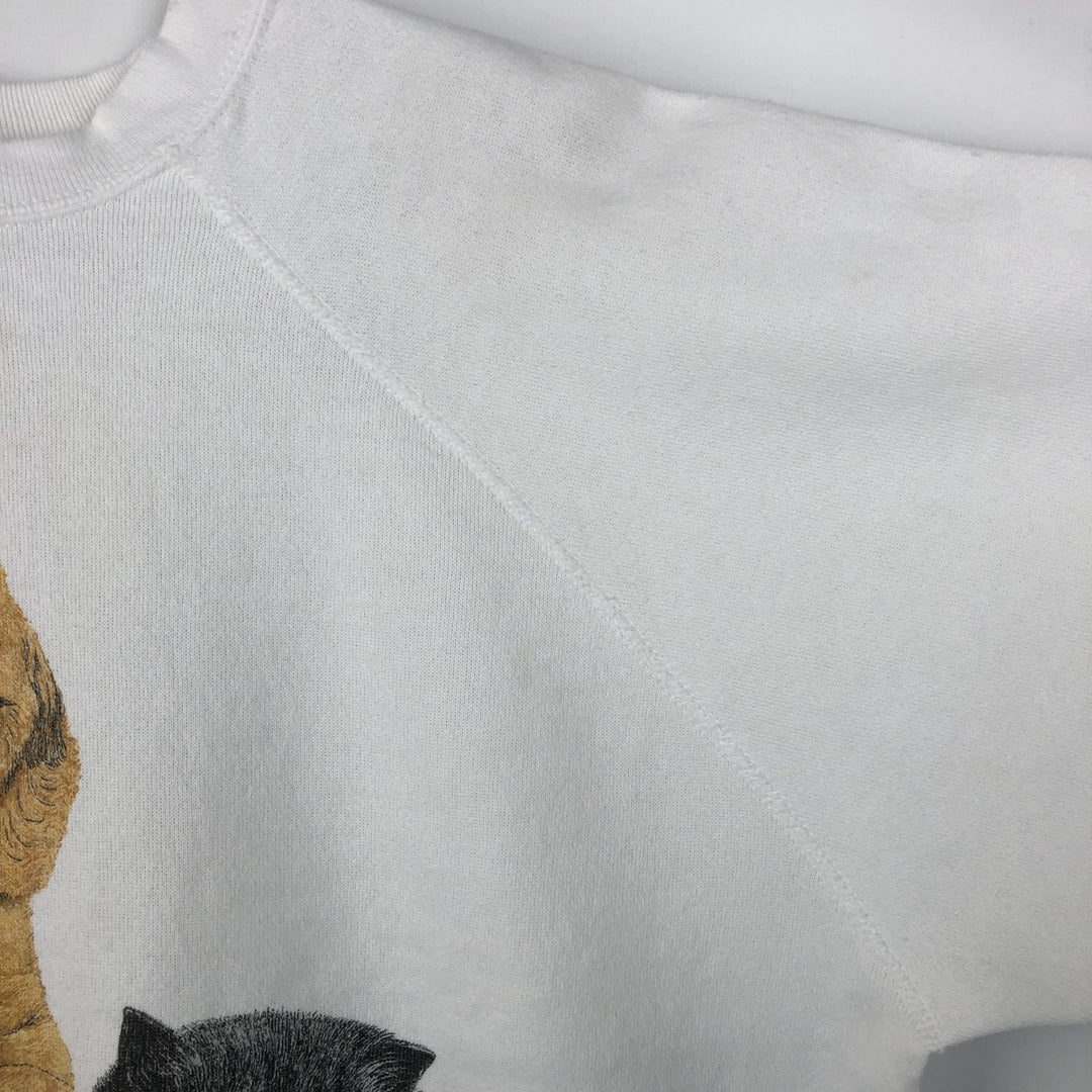 80'S TULTEX Animal Sweatshirt with Dog and Cat Pattern, Made in USA, Men's Size L (Equivalent), Vintage cotton white type Vintage Second Hand