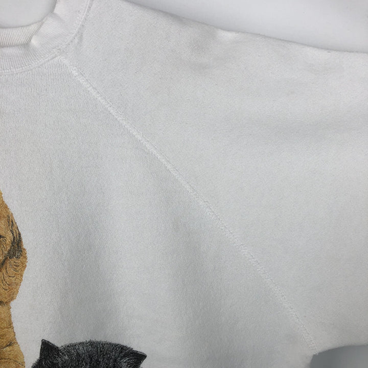 80'S TULTEX Animal Sweatshirt with Dog and Cat Pattern, Made in USA, Men's Size L (Equivalent), Vintage cotton white type Vintage Second Hand