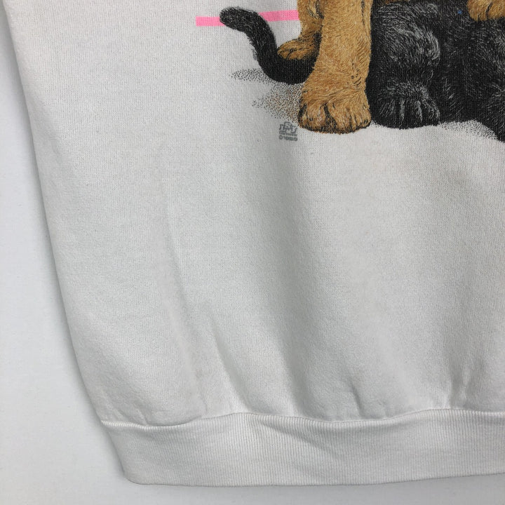80'S TULTEX Animal Sweatshirt with Dog and Cat Pattern, Made in USA, Men's Size L (Equivalent), Vintage cotton white type Vintage Second Hand