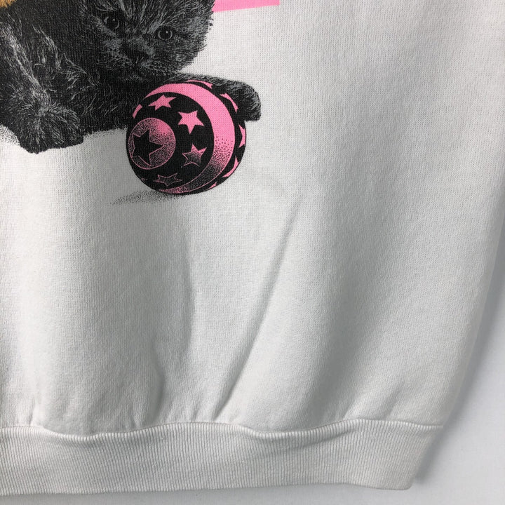 80'S TULTEX Animal Sweatshirt with Dog and Cat Pattern, Made in USA, Men's Size L (Equivalent), Vintage cotton white type Vintage Second Hand