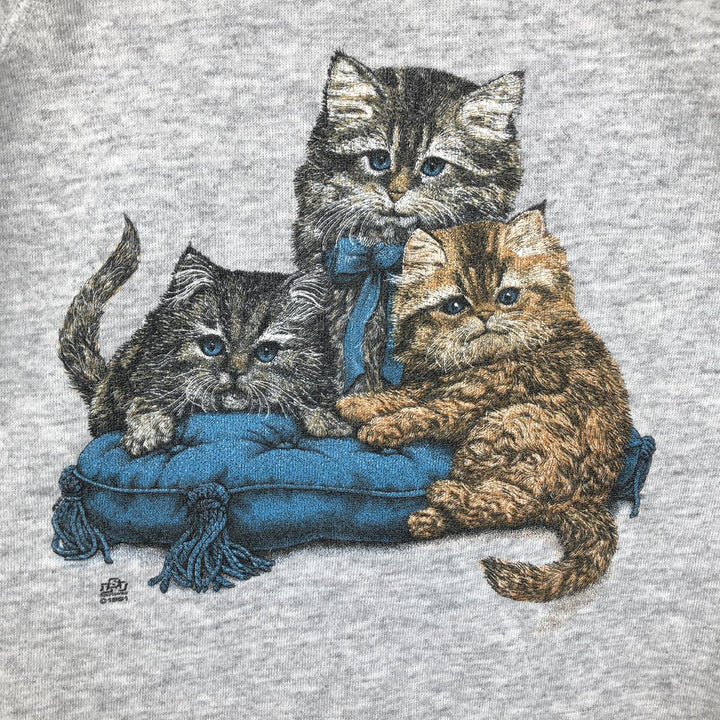 90'S TULTEX Cat Pattern Animal Sweatshirt, Made in USA, Men's XL equivalent, Vintage cotton gray type Vintage Second Hand