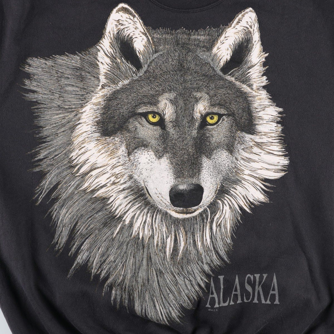 90'S Hanes COMFORTBLEND Wolf Pattern Animal Sweatshirt, Men's XXL equivalent, Vintage cotton black type Vintage Second Hand