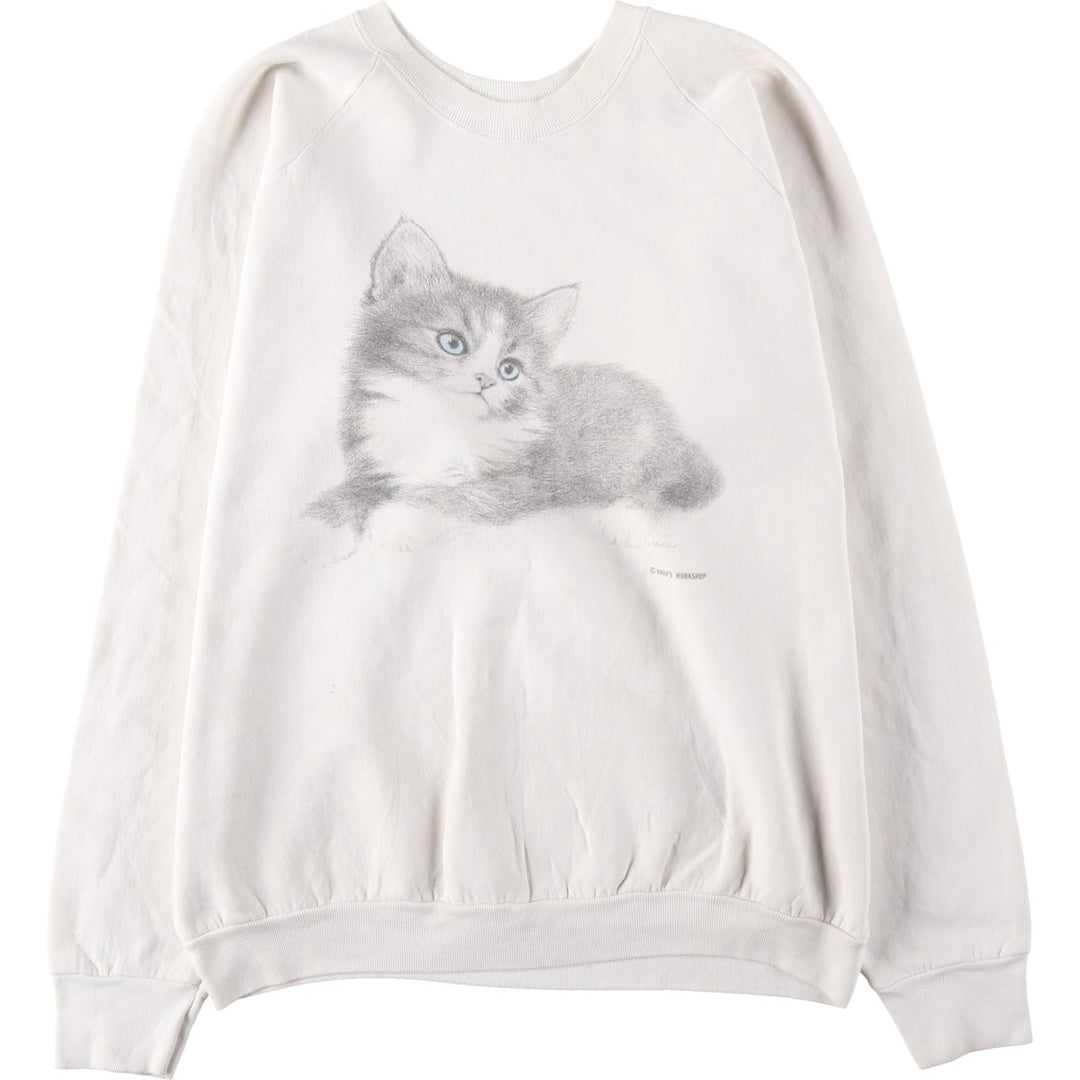 90'S Fruit of the Loom Cat Pattern Animal Sweatshirt, Made in USA, Men's XL equivalent, Vintage cotton white type Vintage Second Hand