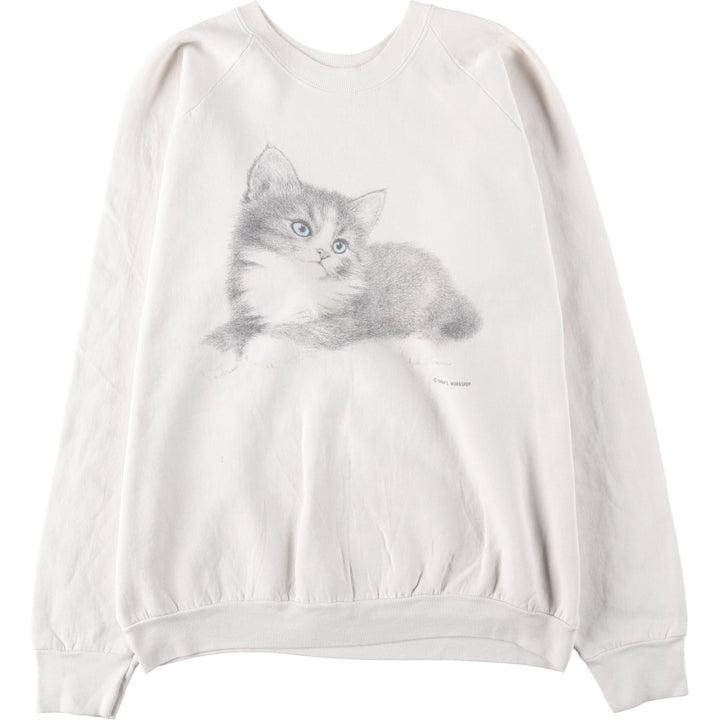 90'S Fruit of the Loom Cat Pattern Animal Sweatshirt, Made in USA, Men's XL equivalent, Vintage cotton white type Vintage Second Hand