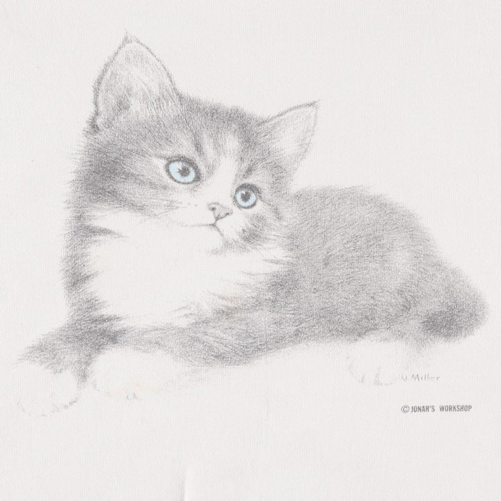 90'S Fruit of the Loom Cat Pattern Animal Sweatshirt, Made in USA, Men's XL equivalent, Vintage cotton white type Vintage Second Hand