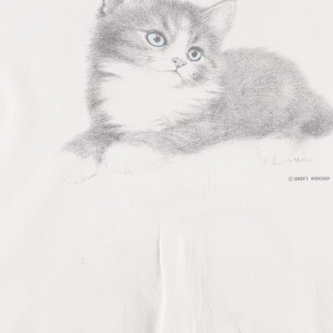 90'S Fruit of the Loom Cat Pattern Animal Sweatshirt, Made in USA, Men's XL equivalent, Vintage cotton white type Vintage Second Hand