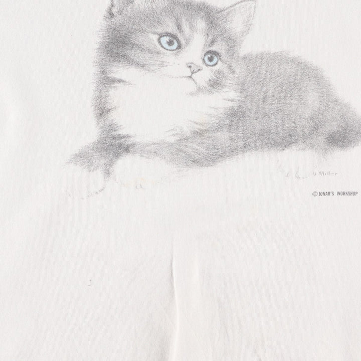 90'S Fruit of the Loom Cat Pattern Animal Sweatshirt, Made in USA, Men's XL equivalent, Vintage cotton white type Vintage Second Hand