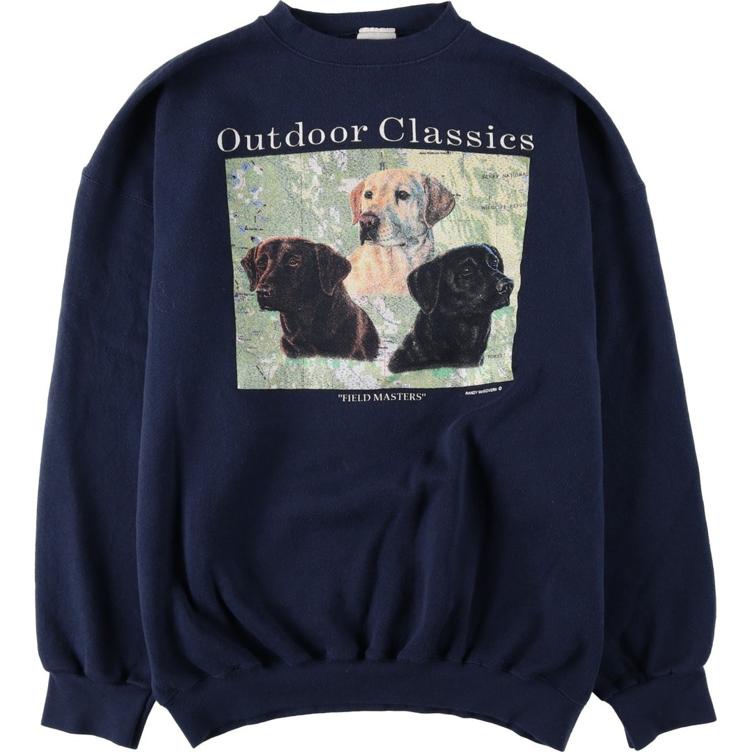 90'S Environmental Artwear, Inc. Dog Print Animal Sweatshirt, Made in USA, Men's XL (approx.) Vintage unclear navy blue type Vintage Second Hand