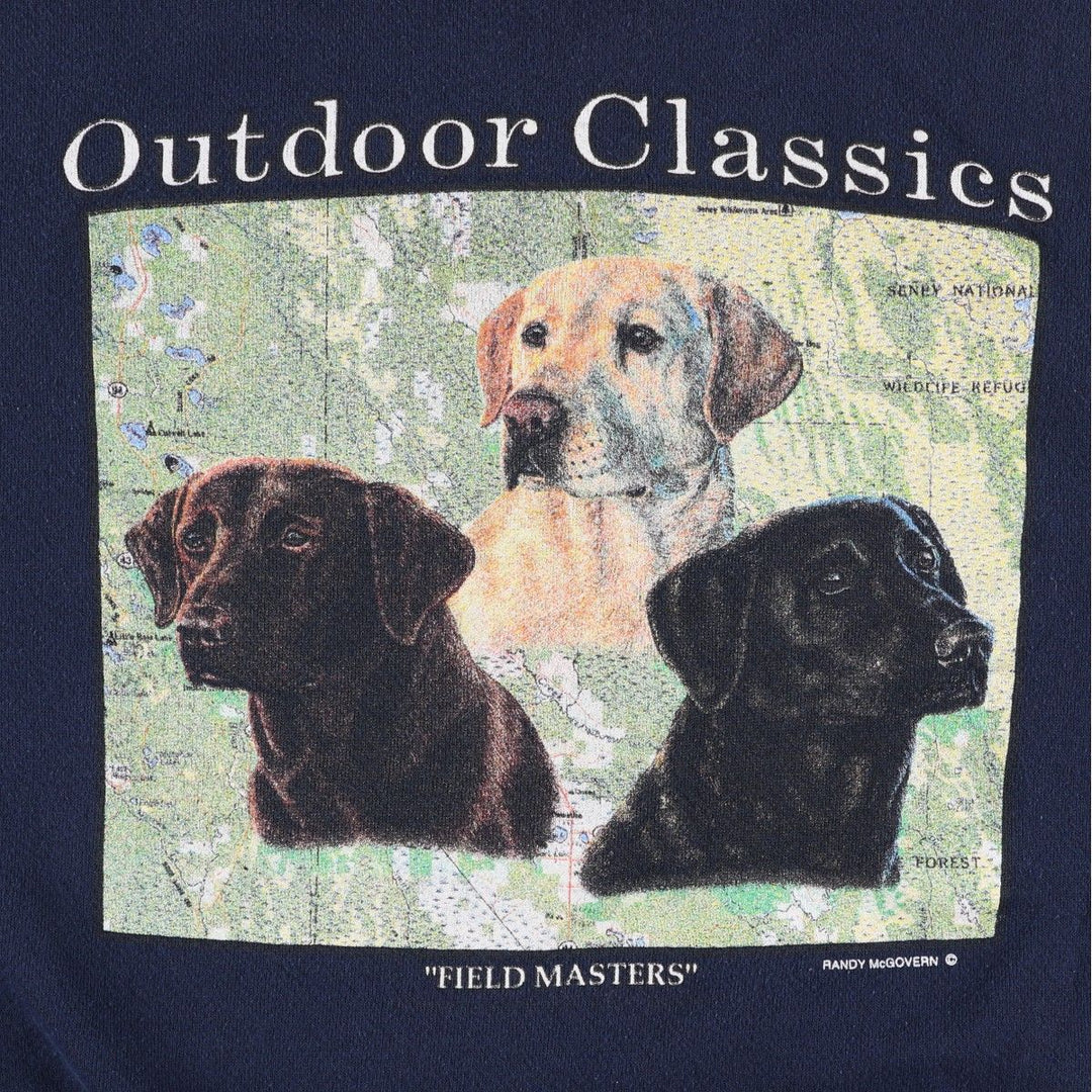 90'S Environmental Artwear, Inc. Dog Print Animal Sweatshirt, Made in USA, Men's XL (approx.) Vintage unclear navy blue type Vintage Second Hand