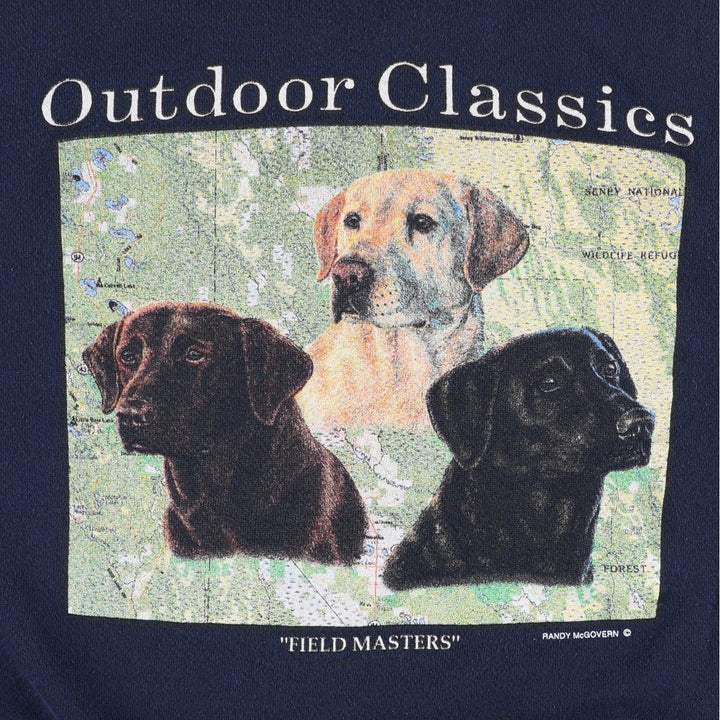90'S Environmental Artwear, Inc. Dog Print Animal Sweatshirt, Made in USA, Men's XL (approx.) Vintage unclear navy blue type Vintage Second Hand