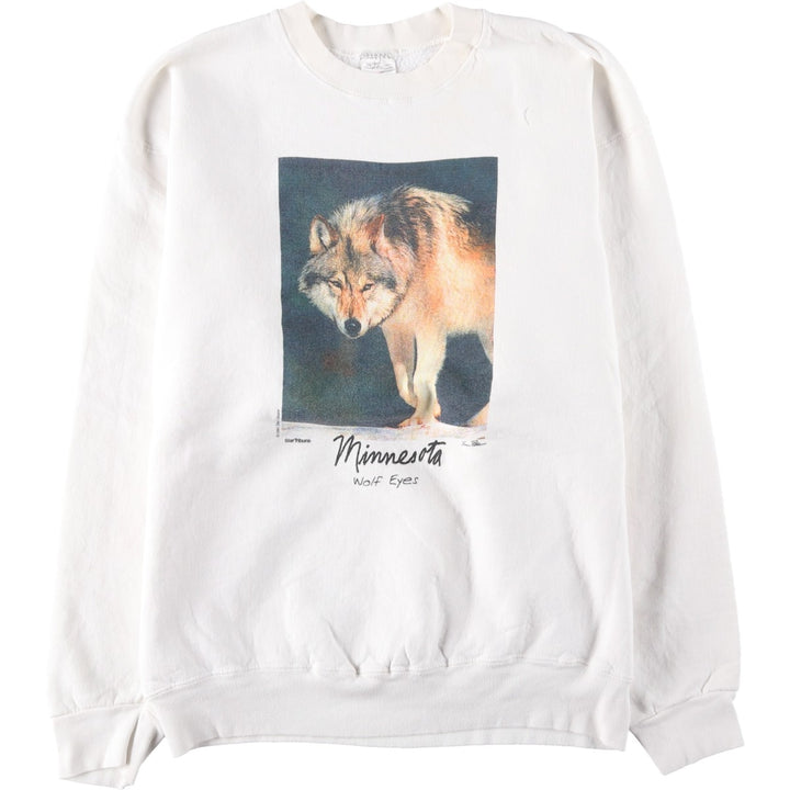 90'S Fruit of the Loom Wolf Pattern Animal Sweatshirt, Made in USA, Men's Size XL, Vintage cotton white type Vintage Second Hand