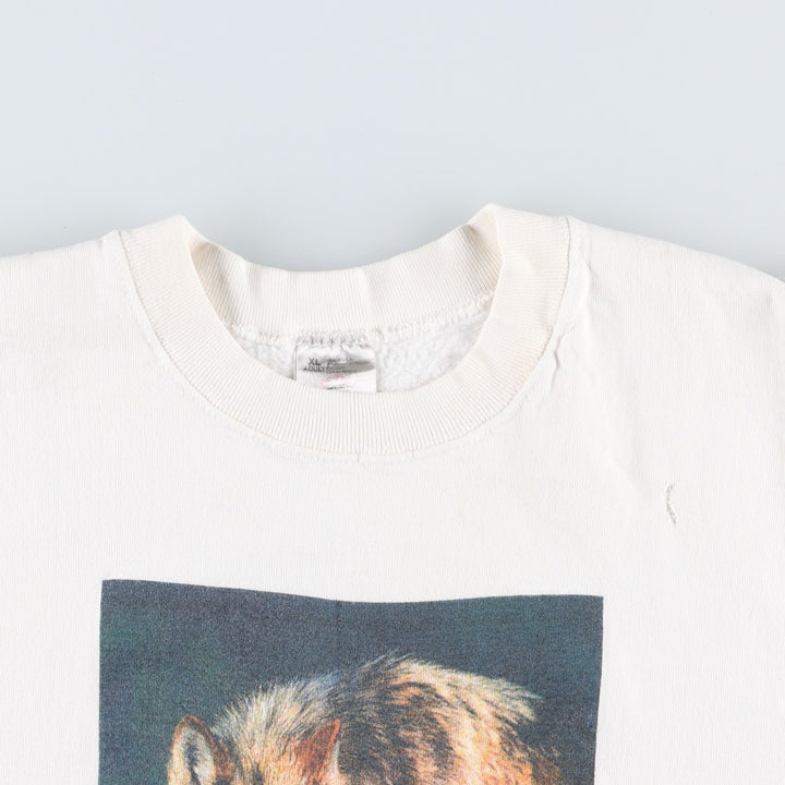 90'S Fruit of the Loom Wolf Pattern Animal Sweatshirt, Made in USA, Men's Size XL, Vintage cotton white type Vintage Second Hand