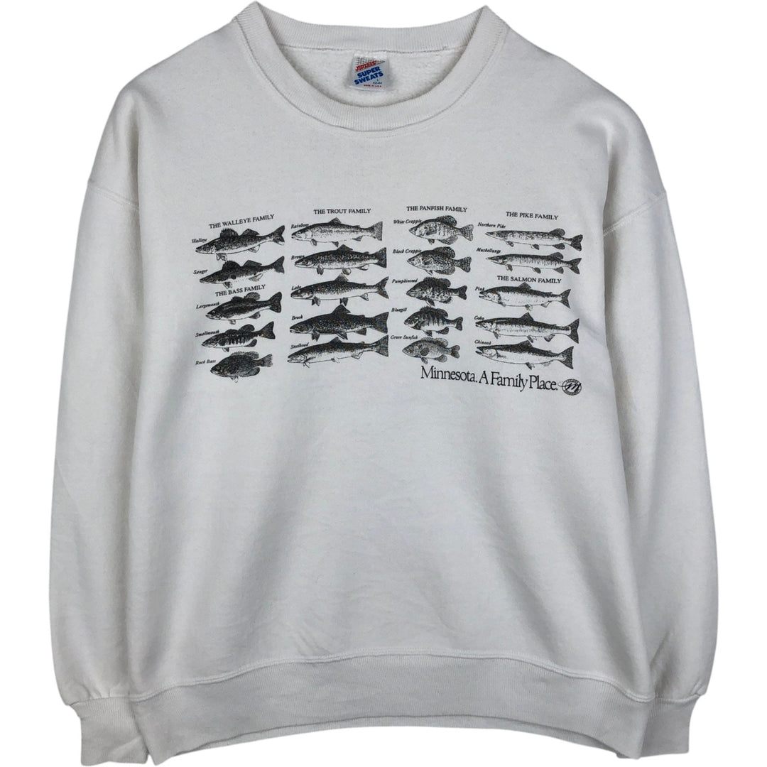 Vintage 80s-90'S Jerzees fish and animal print sweatshirt, made in the USA, size L, men's cotton white type Vintage Second Hand