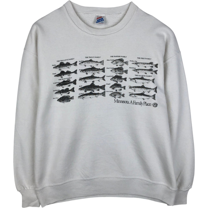 Vintage 80s-90'S Jerzees fish and animal print sweatshirt, made in the USA, size L, men's cotton white type Vintage Second Hand