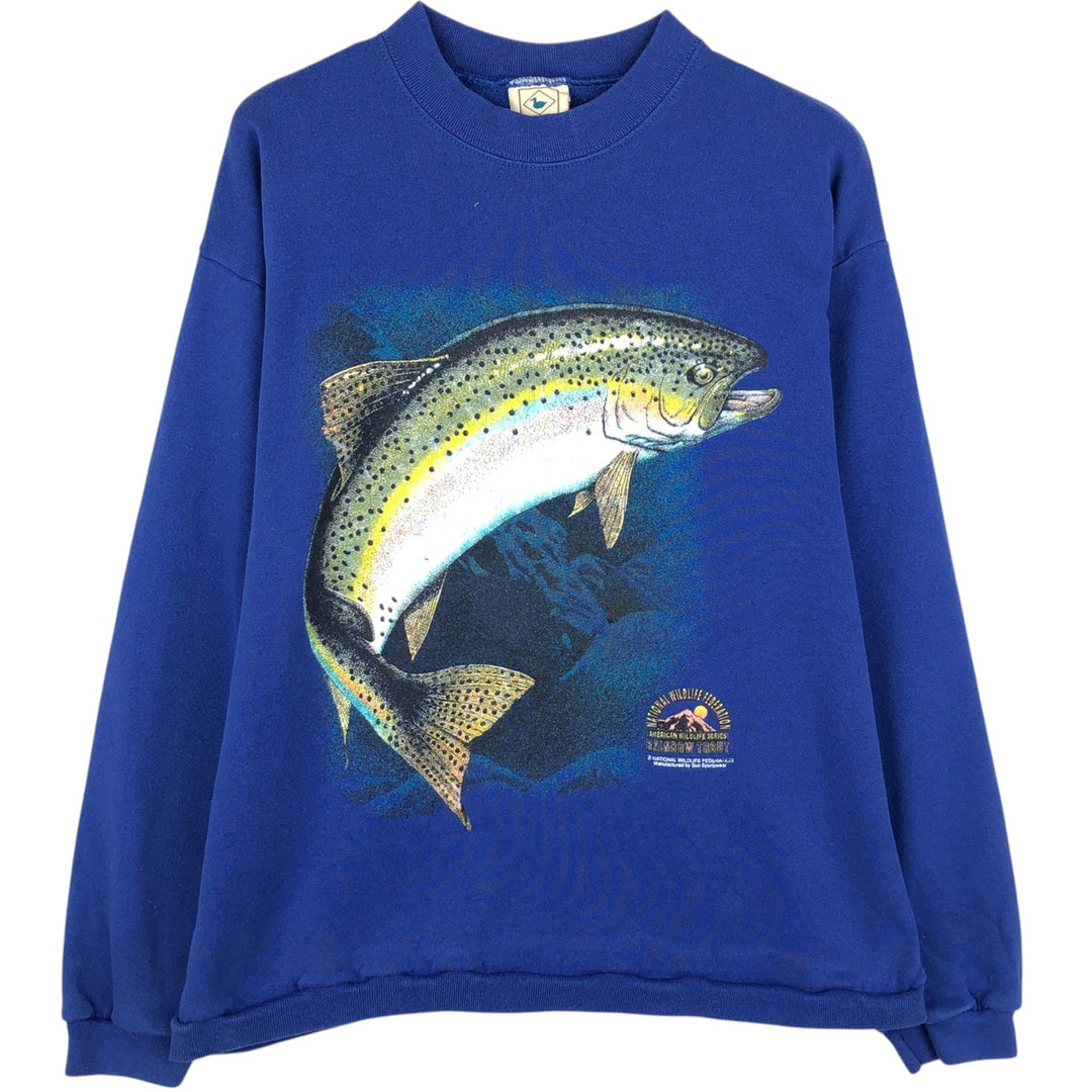 NATIONAL WILDLIFE FEDERATION Fish Print Animal Sweatshirt, Made in USA, Men's Size L (approx.) cotton blue type Vintage Second Hand