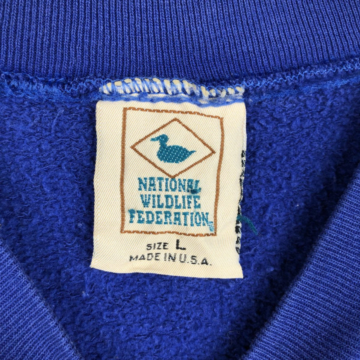 NATIONAL WILDLIFE FEDERATION Fish Print Animal Sweatshirt, Made in USA, Men's Size L (approx.) cotton blue type Vintage Second Hand