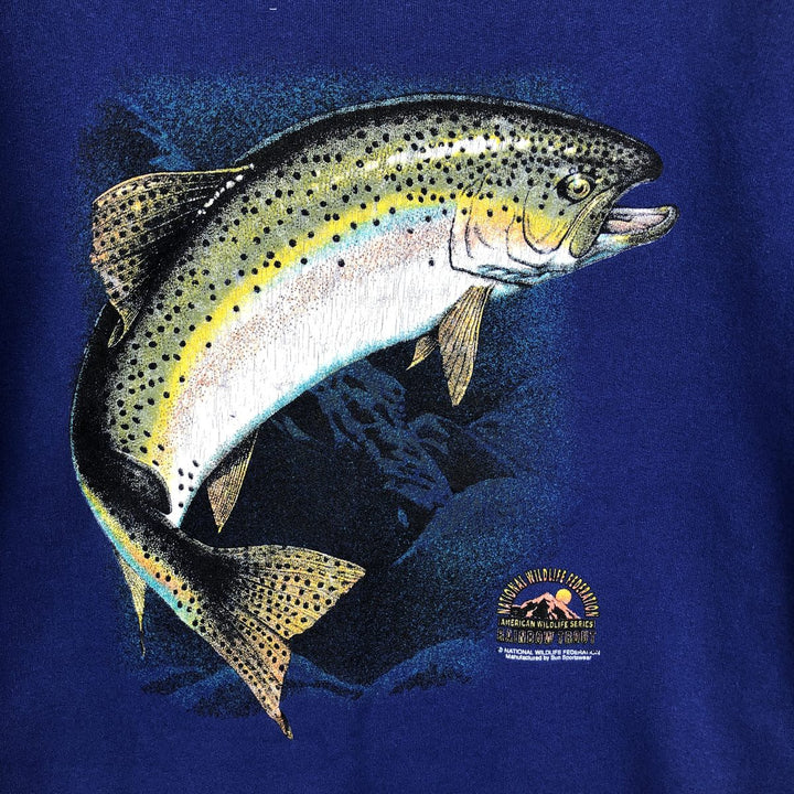NATIONAL WILDLIFE FEDERATION Fish Print Animal Sweatshirt, Made in USA, Men's Size L (approx.) cotton blue type Vintage Second Hand