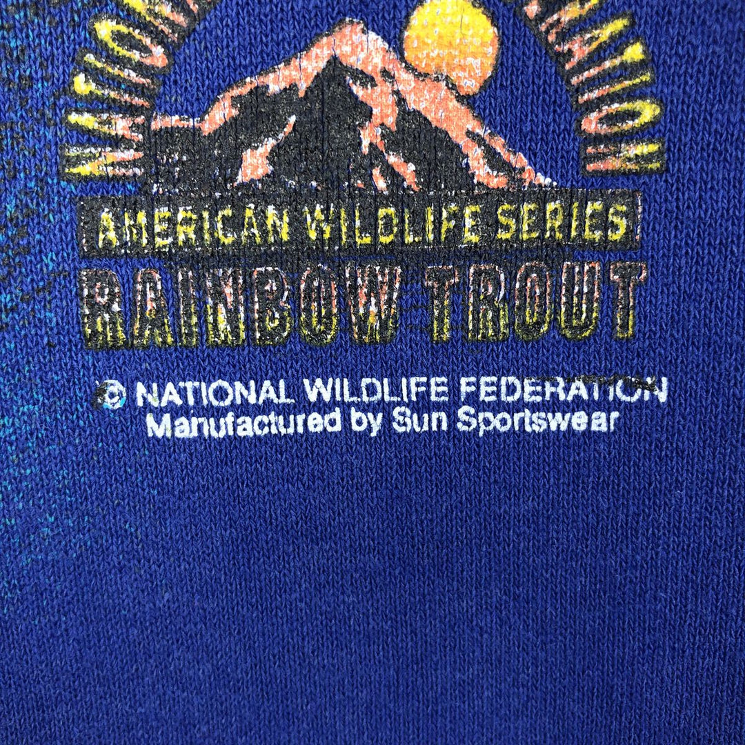 NATIONAL WILDLIFE FEDERATION Fish Print Animal Sweatshirt, Made in USA, Men's Size L (approx.) cotton blue type Vintage Second Hand