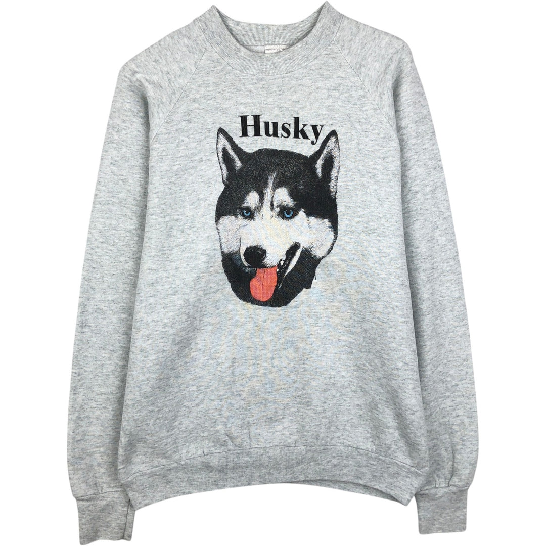 90'S Fruit of the Loom Siberian Husky Dog Print Animal Sweatshirt/Sweatshirt, Made in Canada, Men's Size L (approx.) cotton gray type Vintage Second Hand