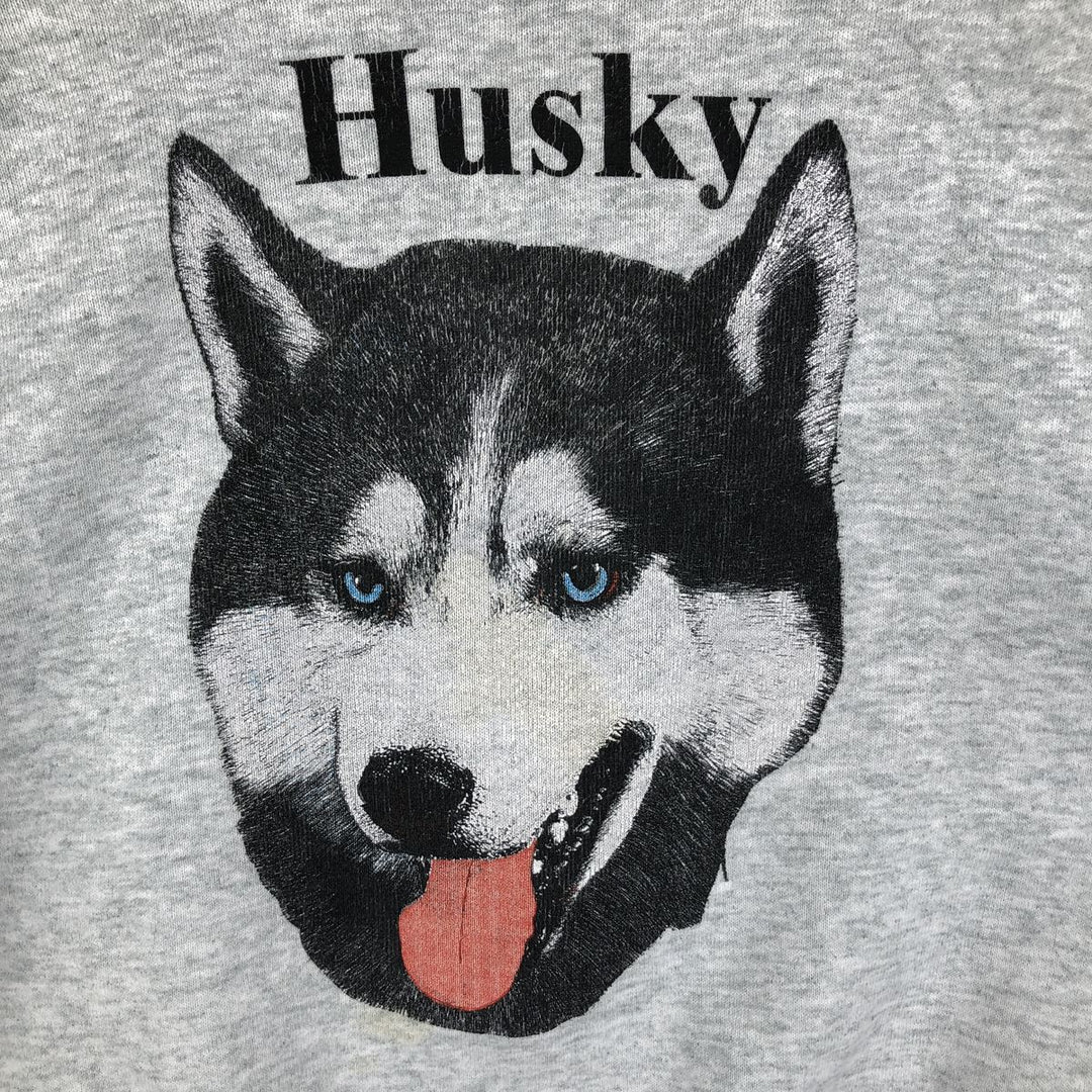 90'S Fruit of the Loom Siberian Husky Dog Print Animal Sweatshirt/Sweatshirt, Made in Canada, Men's Size L (approx.) cotton gray type Vintage Second Hand