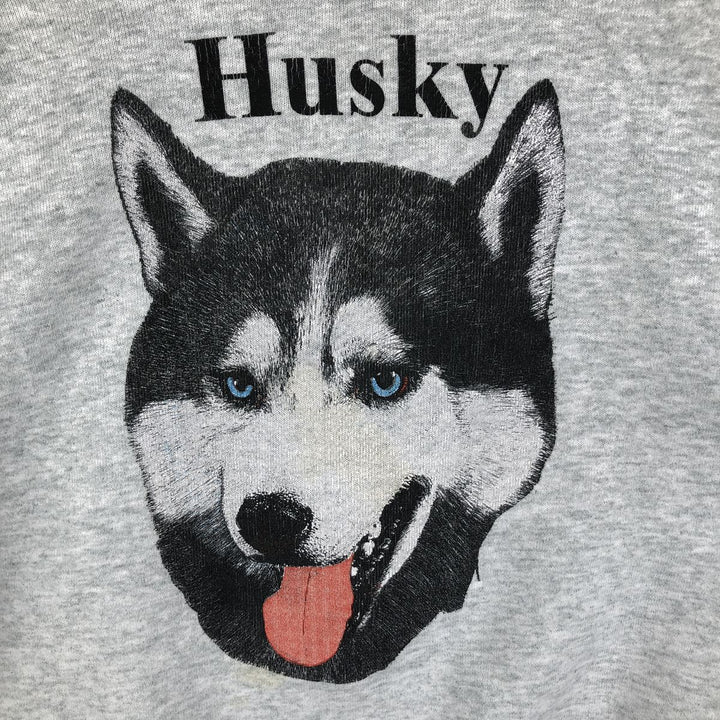 90'S Fruit of the Loom Siberian Husky Dog Print Animal Sweatshirt/Sweatshirt, Made in Canada, Men's Size L (approx.) cotton gray type Vintage Second Hand
