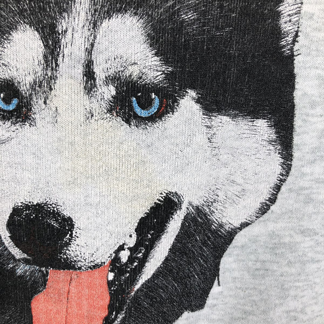 90'S Fruit of the Loom Siberian Husky Dog Print Animal Sweatshirt/Sweatshirt, Made in Canada, Men's Size L (approx.) cotton gray type Vintage Second Hand