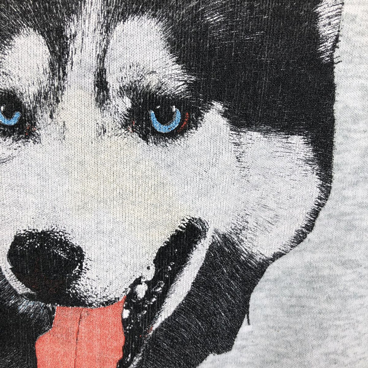 90'S Fruit of the Loom Siberian Husky Dog Print Animal Sweatshirt/Sweatshirt, Made in Canada, Men's Size L (approx.) cotton gray type Vintage Second Hand