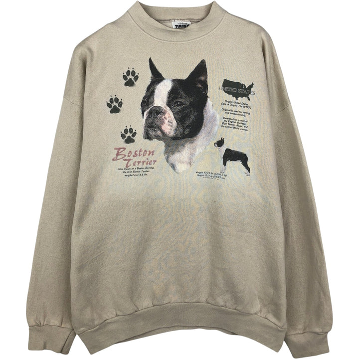 90'S Tultex MAXIMUM SWEATS Boston Terrier Dog Print Animal Sweatshirt (Men's XL equivalent) cotton Beige type Vintage Second Hand