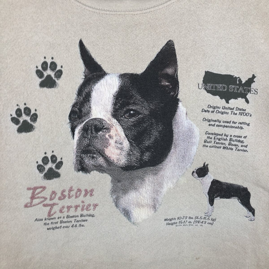 90'S Tultex MAXIMUM SWEATS Boston Terrier Dog Print Animal Sweatshirt (Men's XL equivalent) cotton Beige type Vintage Second Hand