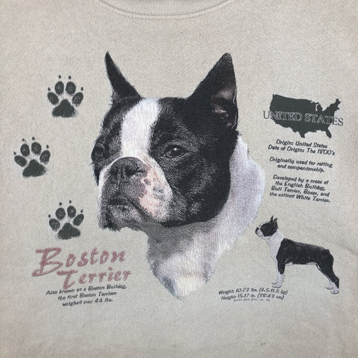 90'S Tultex MAXIMUM SWEATS Boston Terrier Dog Print Animal Sweatshirt (Men's XL equivalent) cotton Beige type Vintage Second Hand