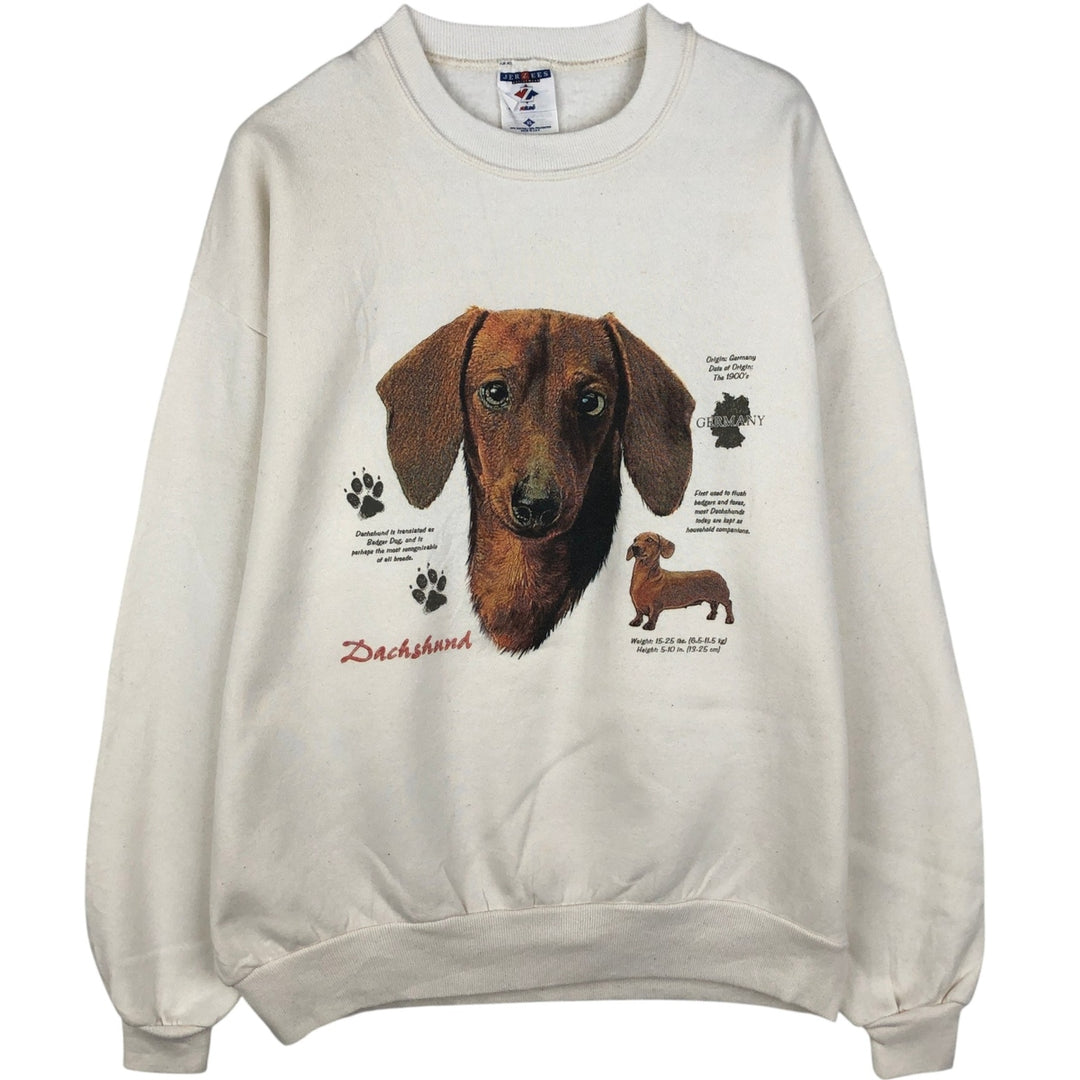 90'S JERSEYS Dachshund Dog Print Animal Sweatshirt, Made in USA, Men's XL (approx.) Vintage cotton white type Vintage Second Hand