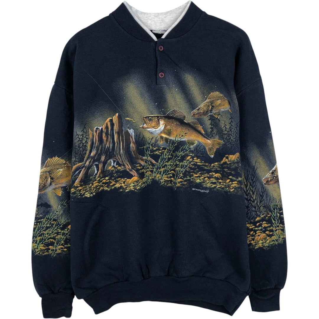 Printed fish pattern Henley neck animal sweatshirt, men's size L. unclear navy blue type Vintage Second Hand