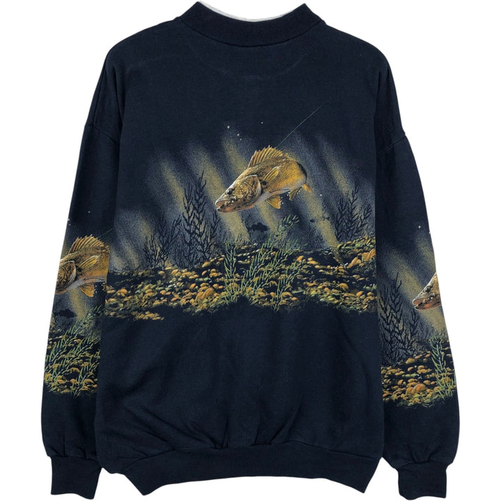 Printed fish pattern Henley neck animal sweatshirt, men's size L. unclear navy blue type Vintage Second Hand