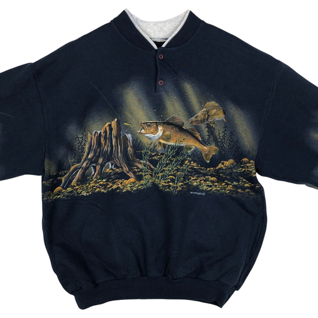 Printed fish pattern Henley neck animal sweatshirt, men's size L. unclear navy blue type Vintage Second Hand