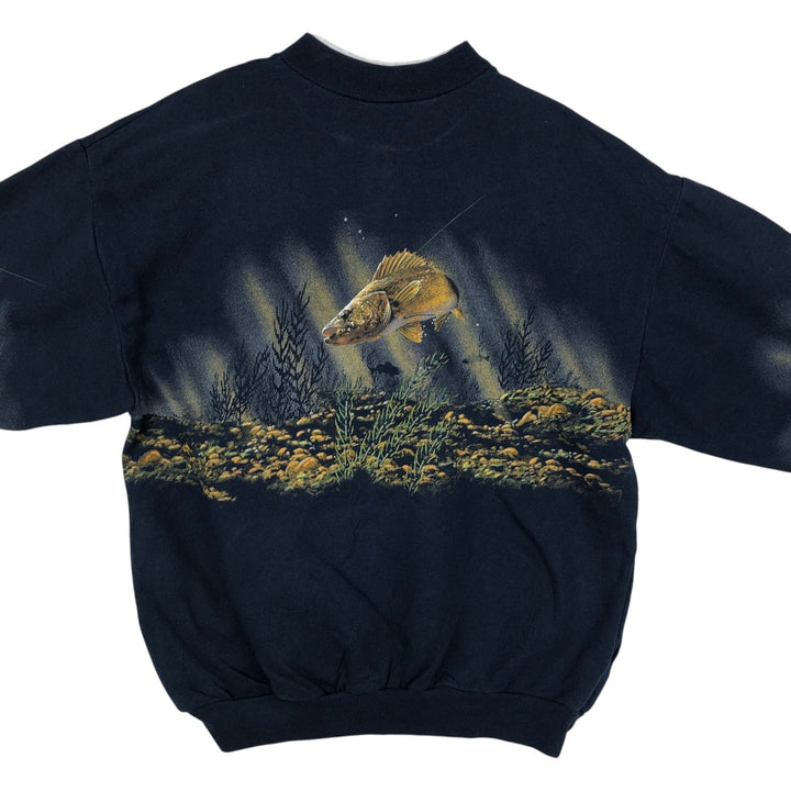 Printed fish pattern Henley neck animal sweatshirt, men's size L. unclear navy blue type Vintage Second Hand