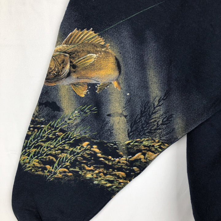 Printed fish pattern Henley neck animal sweatshirt, men's size L. unclear navy blue type Vintage Second Hand