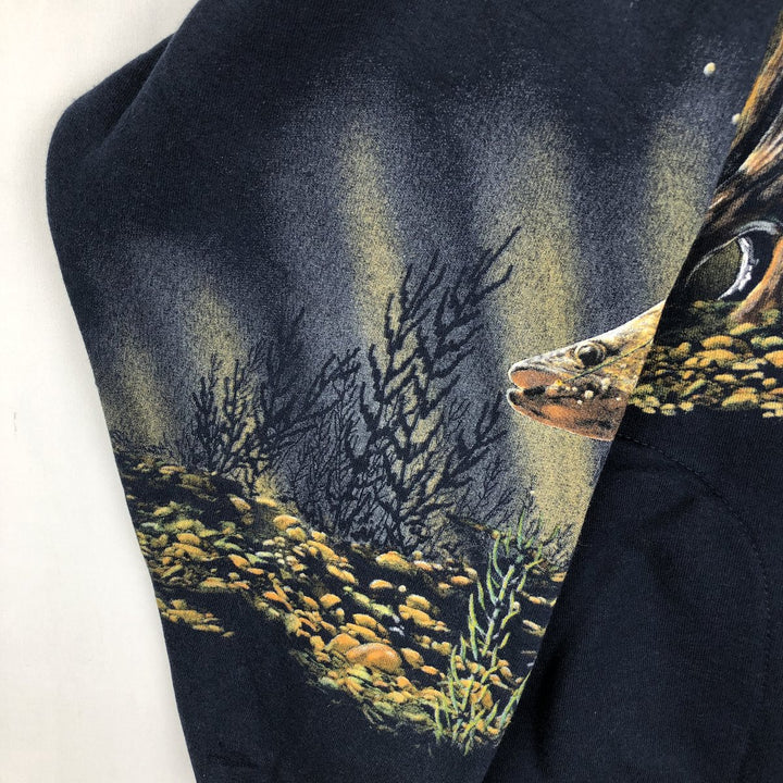 Printed fish pattern Henley neck animal sweatshirt, men's size L. unclear navy blue type Vintage Second Hand