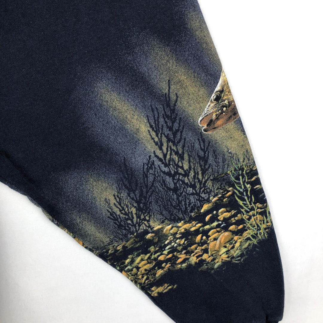 Printed fish pattern Henley neck animal sweatshirt, men's size L. unclear navy blue type Vintage Second Hand