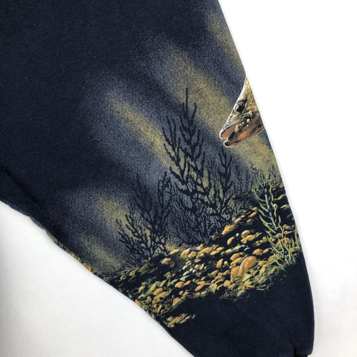 Printed fish pattern Henley neck animal sweatshirt, men's size L. unclear navy blue type Vintage Second Hand