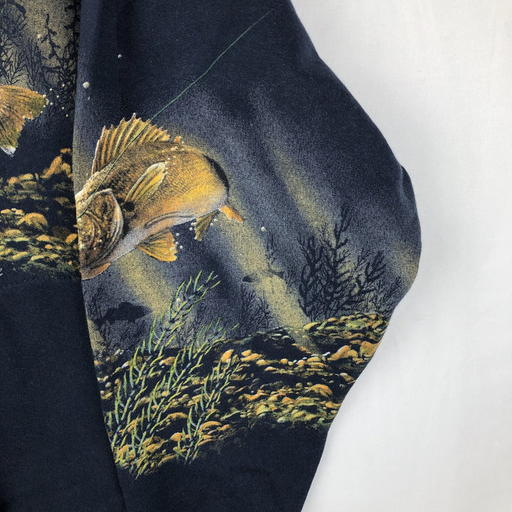 Printed fish pattern Henley neck animal sweatshirt, men's size L. unclear navy blue type Vintage Second Hand