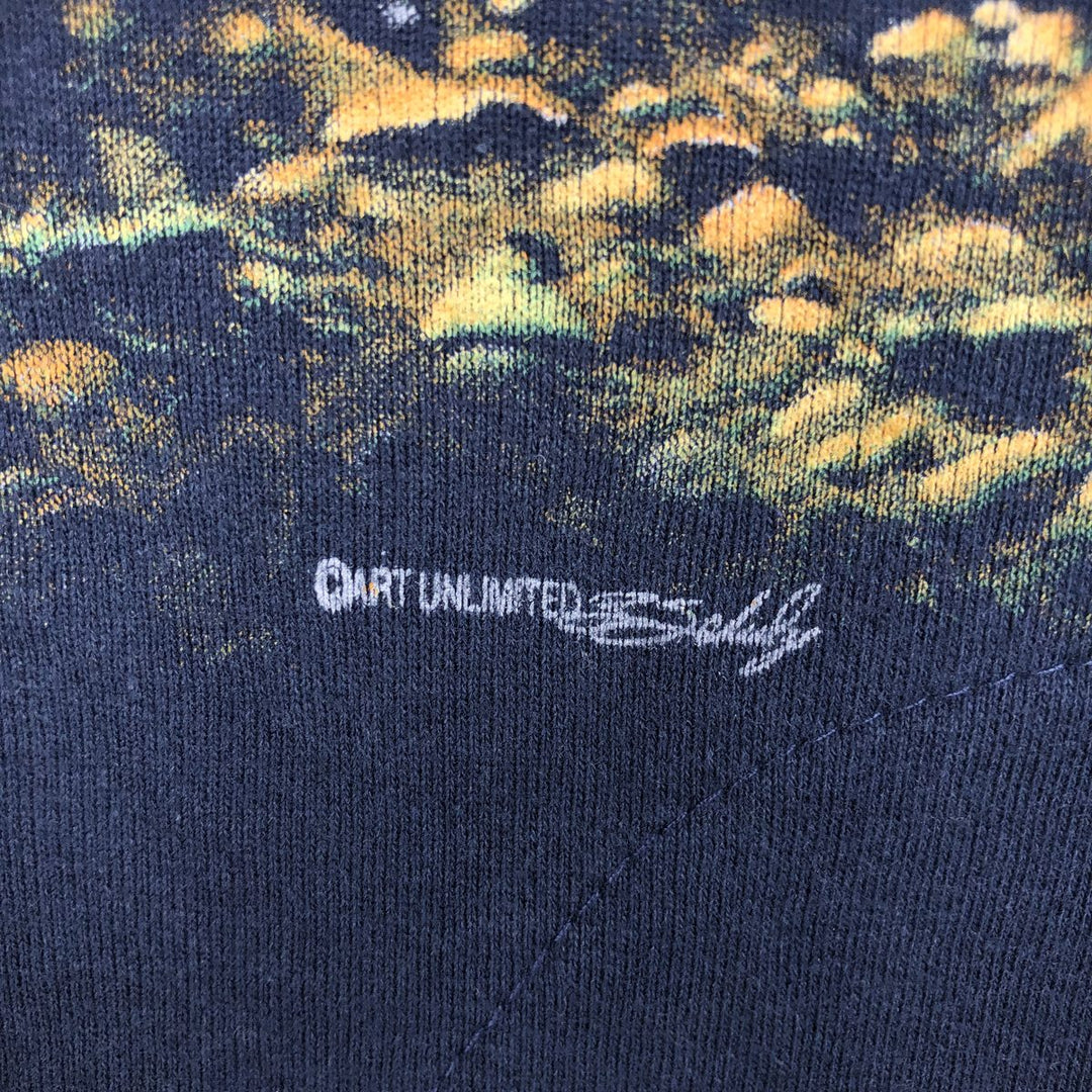 Printed fish pattern Henley neck animal sweatshirt, men's size L. unclear navy blue type Vintage Second Hand