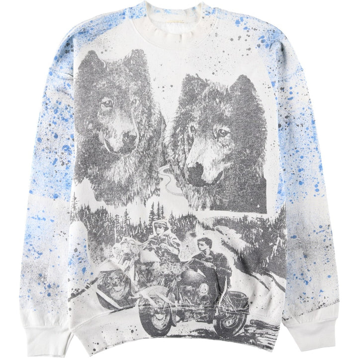 All-over wolf pattern animal pattern sweatshirt, men's size XL equivalent, vintage. unclear white type Vintage Second Hand