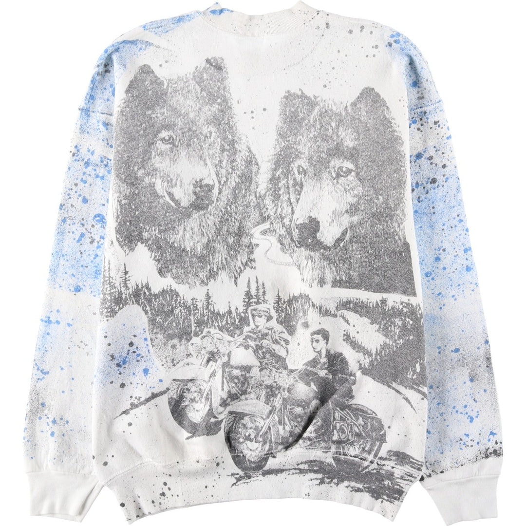 All-over wolf pattern animal pattern sweatshirt, men's size XL equivalent, vintage. unclear white type Vintage Second Hand
