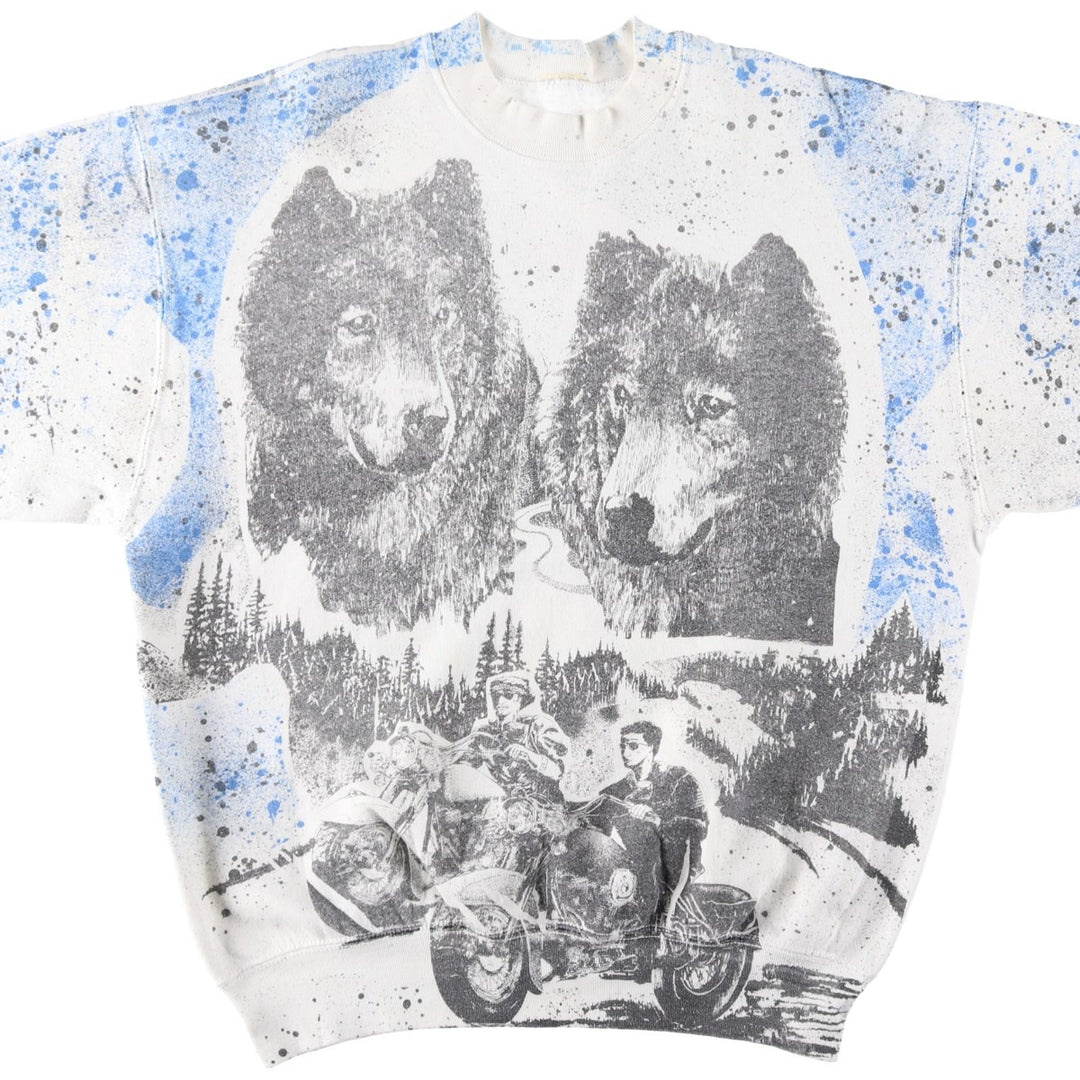 All-over wolf pattern animal pattern sweatshirt, men's size XL equivalent, vintage. unclear white type Vintage Second Hand