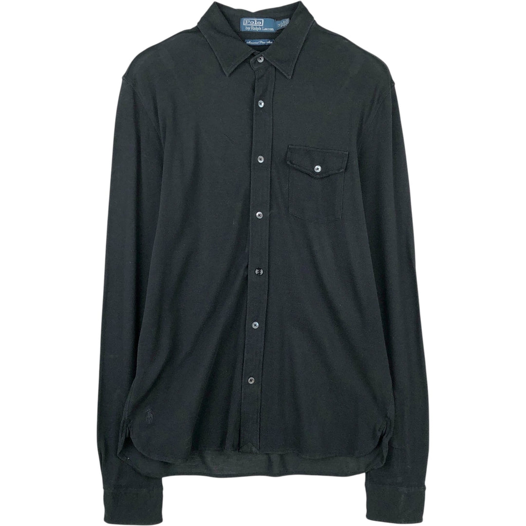 Ralph Lauren POLO by Ralph Lauren pique long-sleeved cotton shirt, men's size M (approx.) Pima Cotton black type Vintage Second Hand