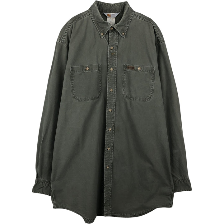 Carhartt Long-Sleeve Button-Down Work Shirt, Made in USA, Men's Size L (approx.) cotton Khaki type Vintage Second Hand