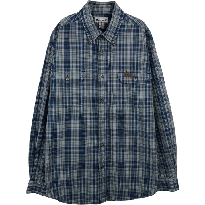 Carhartt Check Pattern Long Sleeve Button-Down Work Shirt, Men's Size L cotton blue type Vintage Second Hand