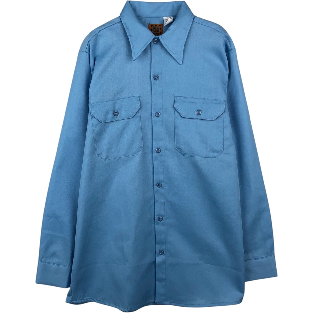 70'S Wrangler BIGBEN Long-Sleeve Work Shirt, Made in USA, Size 15 polyester Blue type light blue Vintage Second Hand