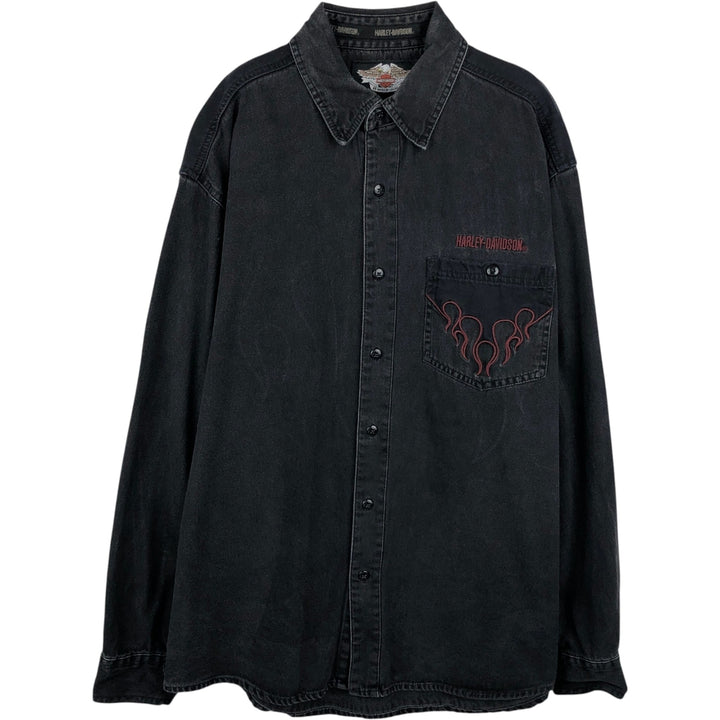 Harley-Davidson Fire Pattern Hidden Button-Down Long-Sleeve Work Shirt, Men's Size L (approx.) cotton black type Vintage Second Hand