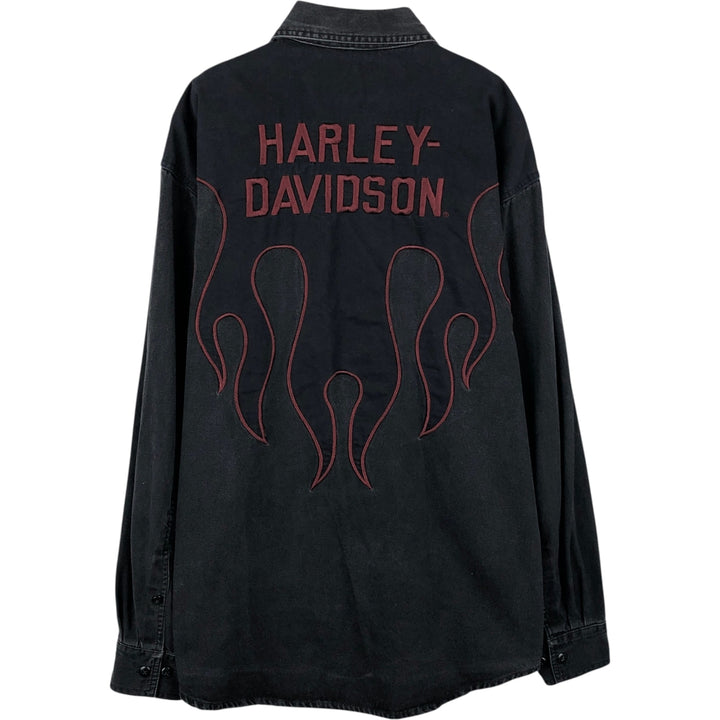 Harley-Davidson Fire Pattern Hidden Button-Down Long-Sleeve Work Shirt, Men's Size L (approx.) cotton black type Vintage Second Hand